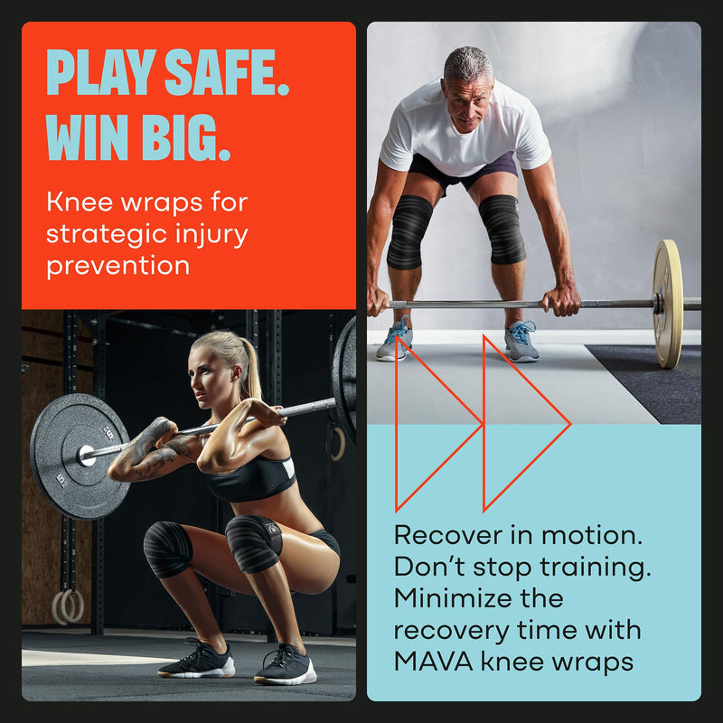 Mava Sports Knee Wraps (Pair) for Men & Women | Ideal for Cross Training, WODs, Gym Workouts, Weightlifting, Fitness & Powerlifting | Knee Straps for Squats | 72" Compression & Elastic Support Black
