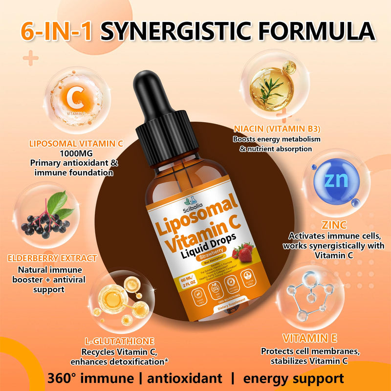 2 Pack Liposomal Vitamin C 1000mg Drops, Liquid Vitamin C Formula | High Potency 6-in-1 Fat Soluble VIT C w. Zinc Elderberry Glutathione Niacin, Immune Support Antioxidant Collagen Production Strawberry 2 Fl Oz (Pack of 2)