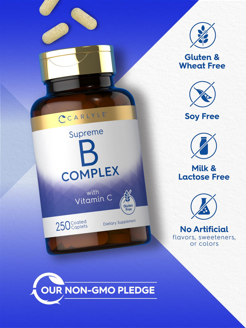 Carlyle B-Complex with Vitamin C & Folic Acid | 250 Caplets | For Women and Men | Vegetarian, Non-GMO, Gluten Free Supplement 250 Count (Pack of 1)