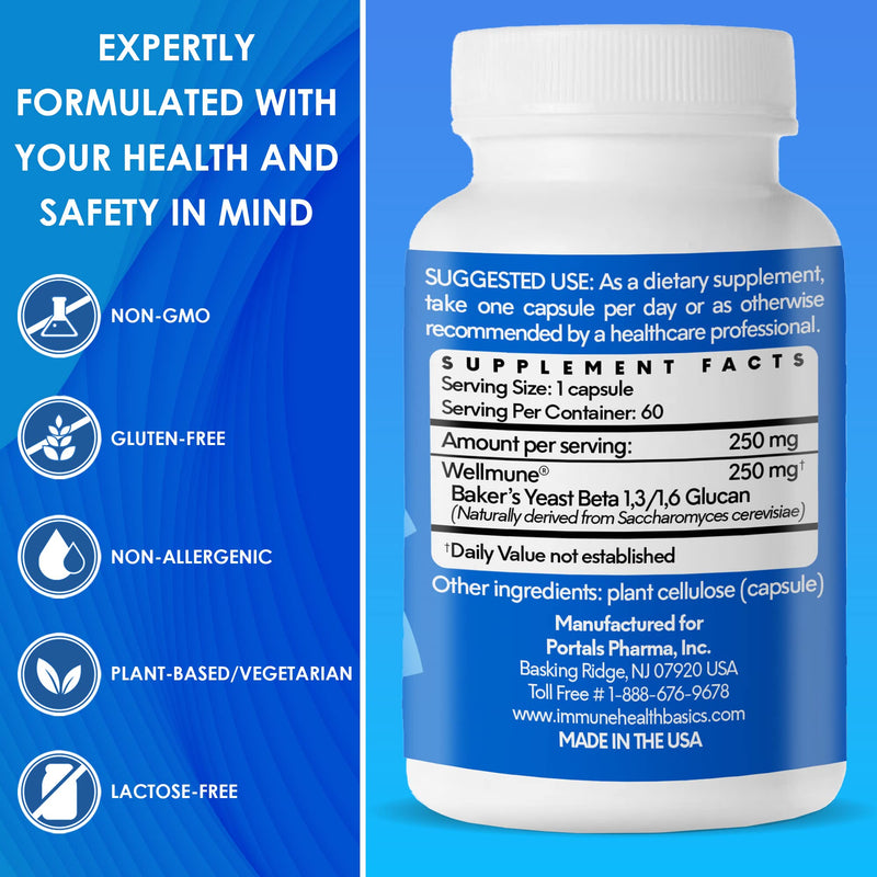 Ultra Strength Immunity - Clinically Proven Immune Support - Wellmune Highly Purified Beta Glucan - Gluten-Free, Non-allergenic, Non-GMO and Vegan Capsules - 60 Capsules, 250 mg 250mg - 60 Capsules