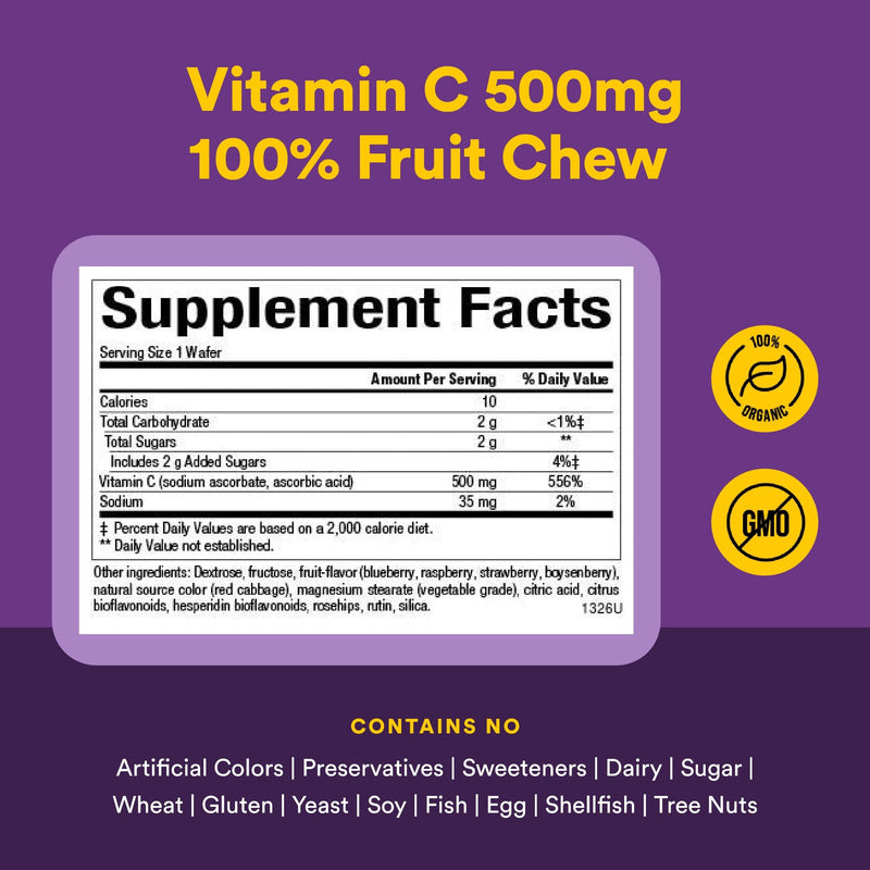 Natural Factors Kids Chewable Vitamin C 500 mg, Supports Immune Health, Bones, Teeth and Gums, Blueberry, Raspberry and Boysenberry, 180 Wafers 180 Count (Pack of 1)
