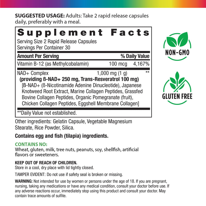 Rainbow Light NAD + Trans-Resveratrol Multi Collagen | 60 Rapid Release Capsules | Supports Healthy Aging & Cellular Energy | Non-GMO and Gluten Free