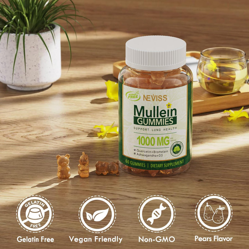 NEVISS Mullein Gummies for Lungs, Organic Mullein Leaf Extract 1000mg for Respiratory System with Quercetin & Bromelain, D3 for Digestive Support, Immune Booster, Sugar Free, Vegan, 60 Count 60 Count (Pack of 1)