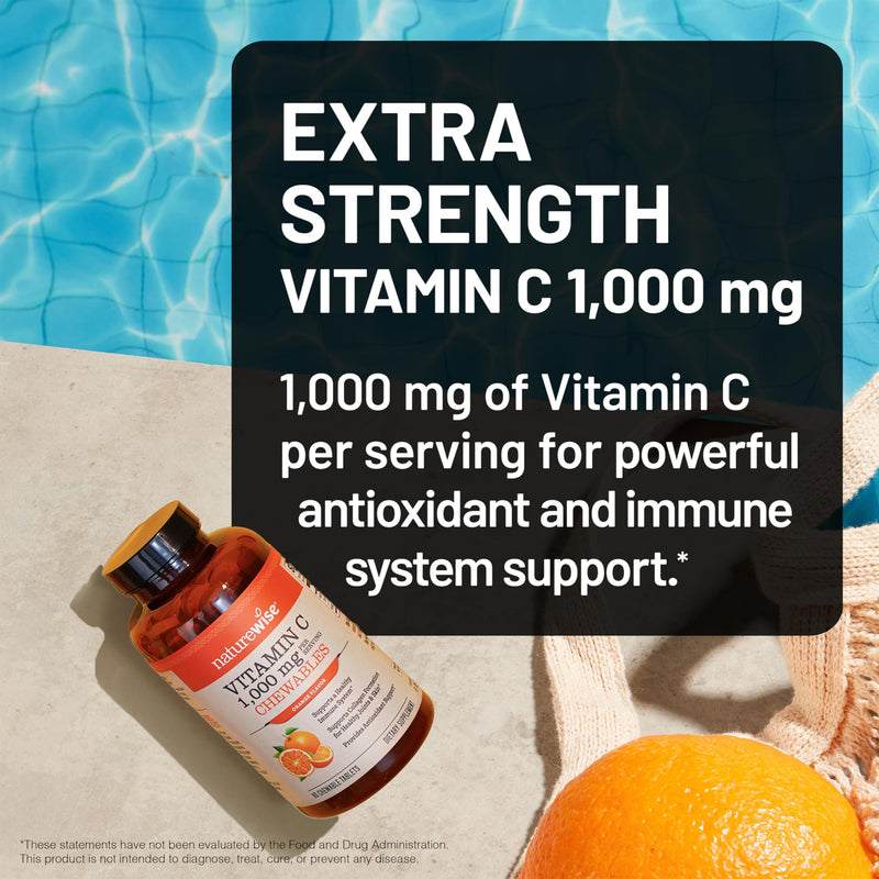 NatureWise Extra Strength Vitamin C Chewable 1000mg for Adults - Natural Orange Flavor - Immune System & Antioxidant Support - Non-GMO, Vegan & Sugar Free - 90 Chewable Tablets[45-Day Supply] 90 Count (Pack of 1)