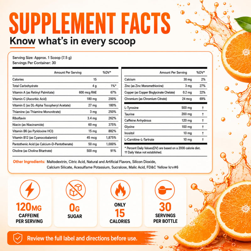 Sugar Free Energy Drink Powder, 18 Vitamins & Minerals, Orange Burst Flavor | Energy Drink Mix with amino acids for Pre Workout energy & focus, no jitters, no artificial dye, gluten-free, made in USA
