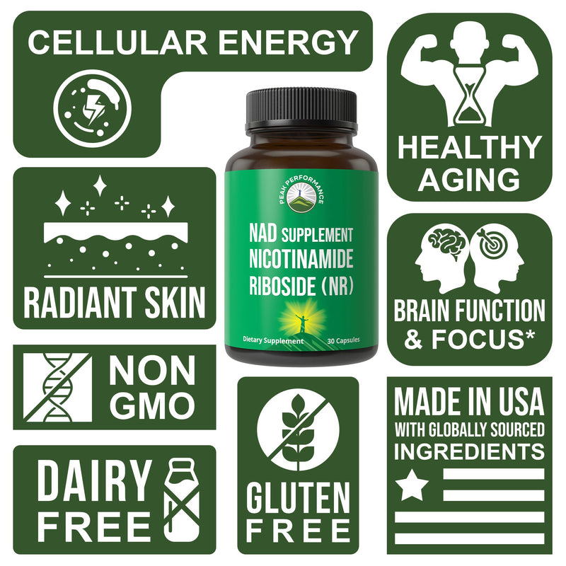 Peak Performance Nicotinamide Riboside NR Supplement Capsule | NMN Alternative NAD Supplement + Niacinamide for NAD+ Levels As We Age. 3rd Party Tested, Non-GMO, Vegan for Women and Men