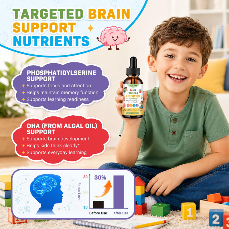 Kids Focus and Attention Supplements with Phosphatidylserine, Omega-3, Magnesium Glycinate, L-Theanine, Choline & Lutein – Kids ADHD Brain Liquid Drops for Memory, Calm Mood & Learning, Strawberry 2oz