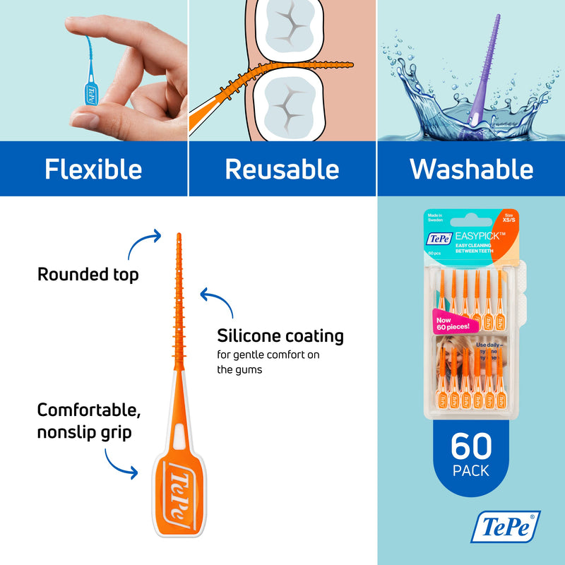 TEPE Dental Floss Picks, Tooth Picks Flossers, Floss Sticks, EasyPicks XS/S, Orange, 60 Pk XS/S Orange 60-pack - BeesActive Australia