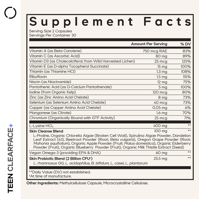 Codeage Teen Clearface Adolescent Face, Skin & Pimples, Vitamins A, C, D3, E, Pantothenic Acid, Niacin, Zinc Supplement Teenagers, Probiotics, L-Lysine, Omega-3, Oily Skin, Pores, Spots - 60 Capsules 60 Count (Pack of 1)