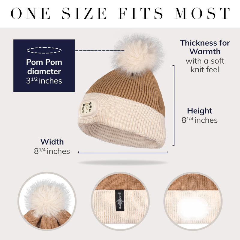 HEAD LIGHTZ Headlightz by Roq Innovation - POM POM Beanie with Light, Unisex LED Beanie Hat with Light Built in, Rechargeable Latte