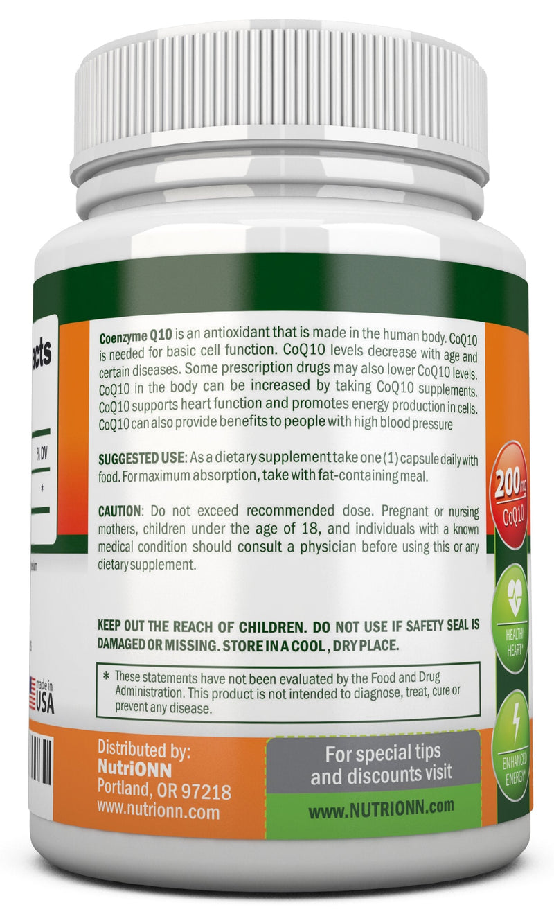 NutriONN CoQ10 200mg (Double Strength), 120 Capsules - High Absorption Coenzyme Q10 - Scientifically Proven Extra Strength CoQ10 Ubiquinone - 4 Month Supply