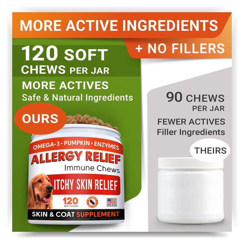 Allergy Relief Treats + Pumpkin for Dogs Bundle - Itchy Skin Relief + Upset Stomach - Omega 3 + Enzymes + Turmeric + Pure Pumpkin Powder - Skin & Coat Health + Digestion - 120ct + 8.1oz - Made in USA