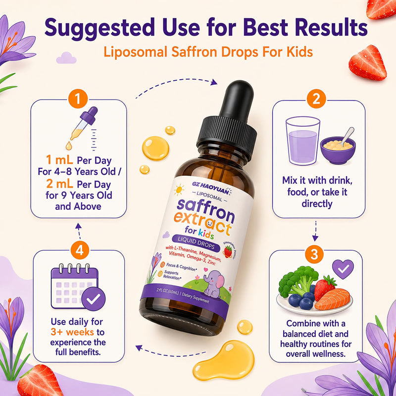 Liposomal Kids Saffron Drops, Saffron Supplements for Kids with L-Theanine, Magnesium, Omega-3 DHA EPA, Vitamin D3 & B12, Focus & Calm Mood Support for Children, Strawberry Flavor, 2 FL OZ