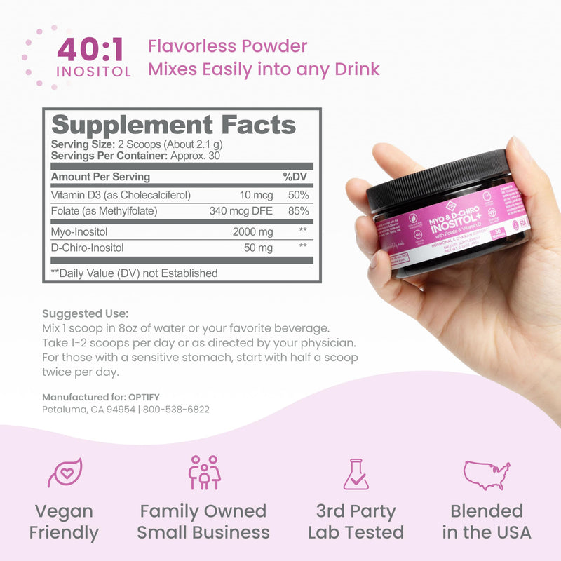 Optify Myo-Inositol & D-Chiro Inositol Supplement for Women | 40:1 Ratio Plus Folate and Vitamin D | Support Healthy Hormonal Balance, Regular Cycles, & Ovarian Health (2.22oz Powder (Pack of 1)) 2.22 Ounce (Pack of 1)