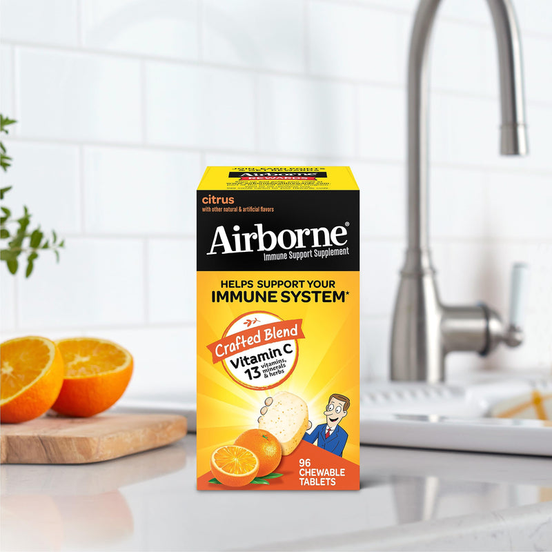 Airborne 1000mg Chewable Tablets with Zinc, Immune Support Supplement with Powerful Antioxidants Vitamins A C & E - 96 Tablets, Citrus Flavor - BeesActive Australia