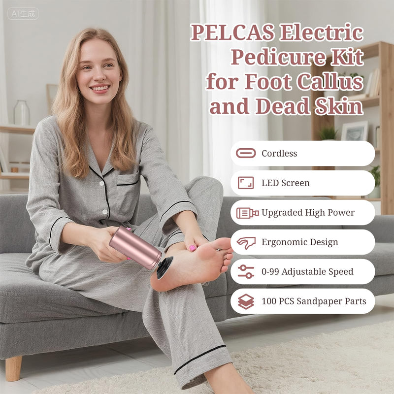 PELCAS Electric Foot Callus Remover with LED Screen, 2 in 1 Manicure & Pedicure Kit, 100 PCS Sandpapers Electric Foot File for Women & Men, Cordless Feet Filer for Foot Callus, Thick Nails Pink - BeesActive Australia