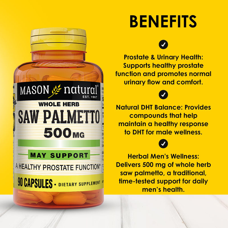 MASON NATURAL Saw Palmetto 500 mg, Supports Prostate Health & Urinary Function, 90 Capsules