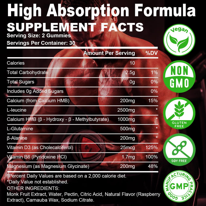 2 Pack HMB and L-Leucine Gummies, HMB and Leucine for Muscle Growth, Muscle Relief, for Men & Women, Vegan, Sugar-Free, Raspberry Flavor, 120 Count 60 Count (Pack of 2)