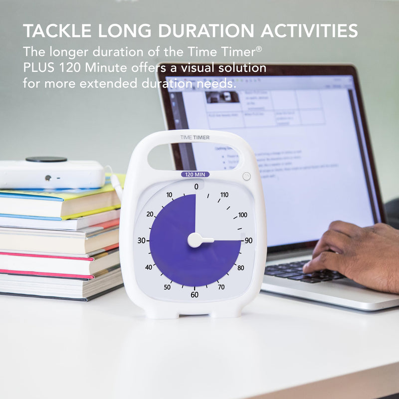 TIME TIMER PLUS 120 Minute Desk Visual Timer Countdown Timer with Portable Handle for Classroom, Office, Homeschooling, Study Tool, with Silent Operation (White) 120 Minutes