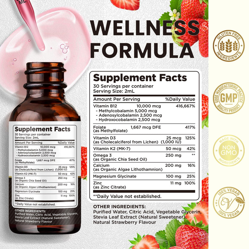 Vitamin B12 Liquid Drops Sublingual 10000 mcg, Triple B-12 Complex Supplement, Methyl & Methylcobalamin Blend for Women & Men, Mood & Energy Booster, Metabolism & Health Support, 2 Pack Strawberry 2 Fl Oz (Pack of 2)