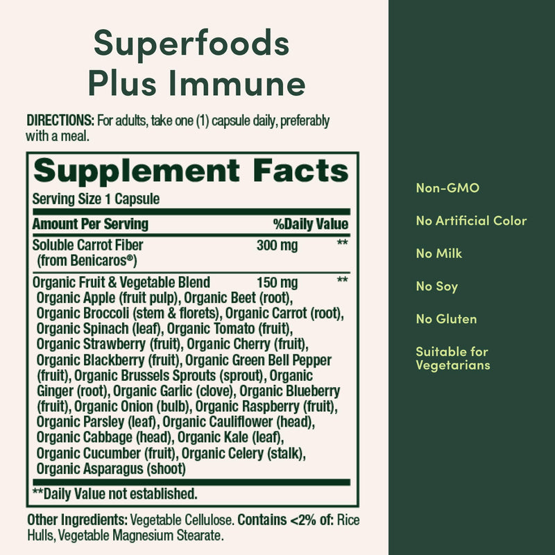 Nature’s Bounty Superfoods Plus Immune for Immune Support plus Fruits and Vegetables Supplement, Superfood, 30 Capsules 30 Count (Pack of 1)