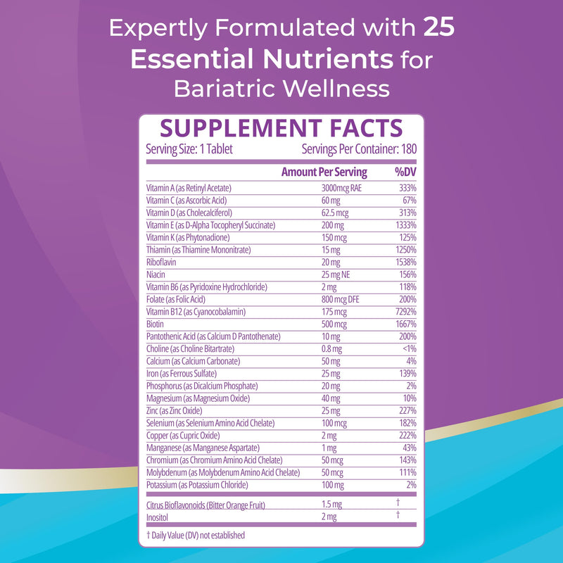 High ADEK Bariatric Multivitamin | DS, SADI & BPD/DS Surgery | Fat-Soluble Vitamins A D E K | 25 Essential Nutrients | ASMBS Compliant | Made in USA | 180 Tablets — 3 Month Supply