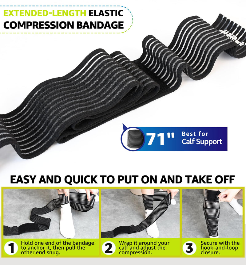 HiRui Calf Compression Wraps, 71" Adjustable Elastic Bandage Sleeves, Lower Leg Calf Support for Men & Women, Shin Splints Relief, Varicose Veins, Fitness, Running, Basketball, Soccer (2, Black) 2 - BeesActive Australia