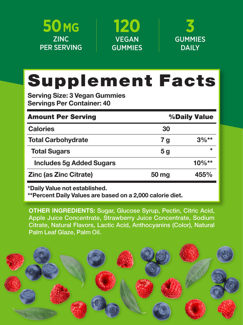 Zinc Gummies for Adults | 50mg | 120 count | Vegan, Non-GMO & Gluten Free Supplement | Mixed Berry Flavor | by Nature's Truth - BeesActive Australia