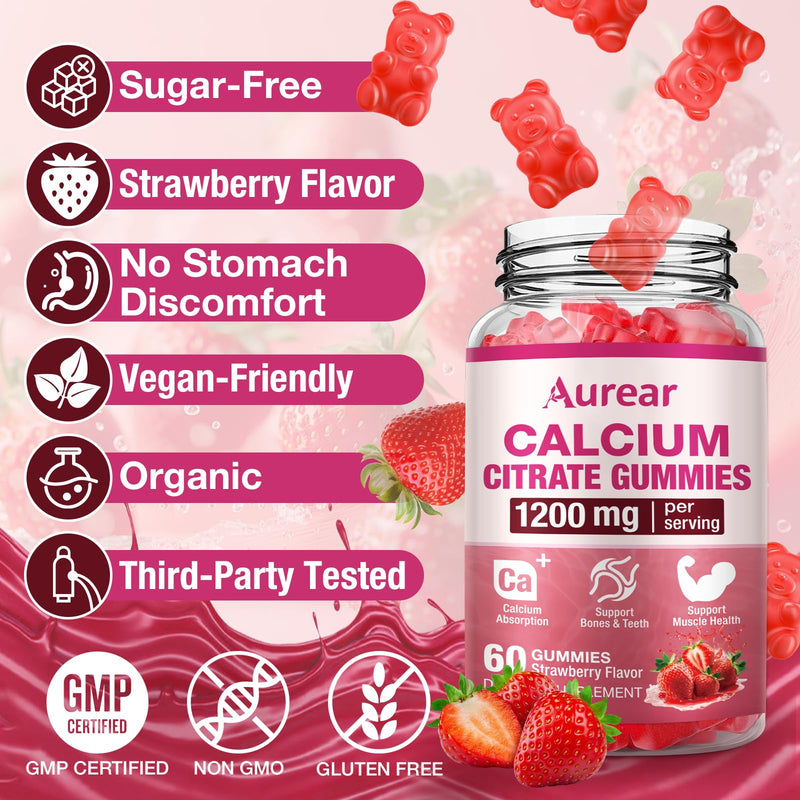 2Pack Calcium Citrate Gummies, 1200mg Chewable Calcium Supplement for Men & Women, Muscle & Bone Support, Strawberry Flavor, 120 Count 60 Count (Pack of 2)