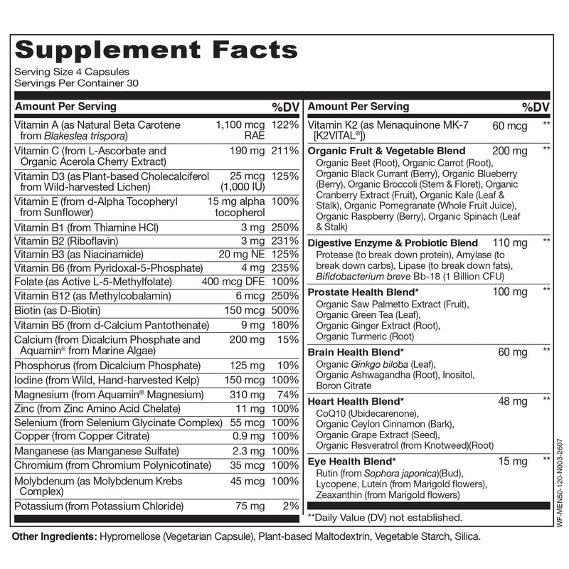 NATURELO Men's Multivitamins 50+, Whole Food Multivitamin for Men 120 Caps | Vitamins, minerals, vegetarian capsules, energy, brain, heart, eye health* 120 Count (Pack of 1)