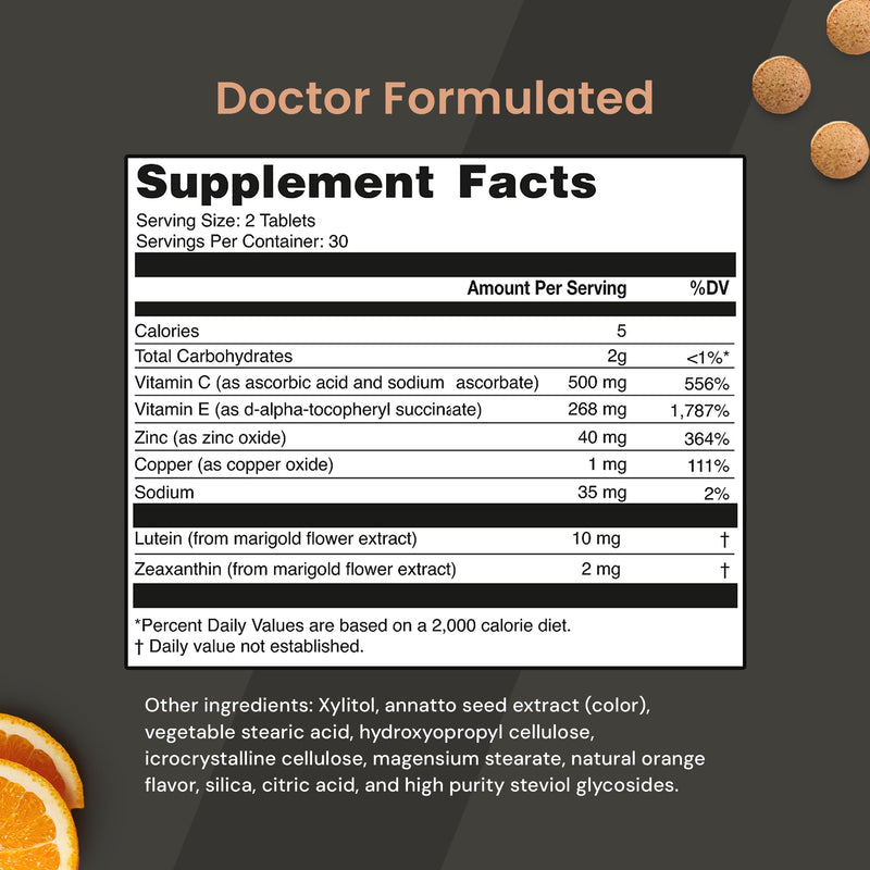 VisiVite AREDS 2 Sugar Free Eye Vitamins, 60 Chewable Tablets | Doctor Formulated Lutein and Zeaxanthin Supplements for Adults with Vitamin C, E, Zinc, Copper, Made in USA