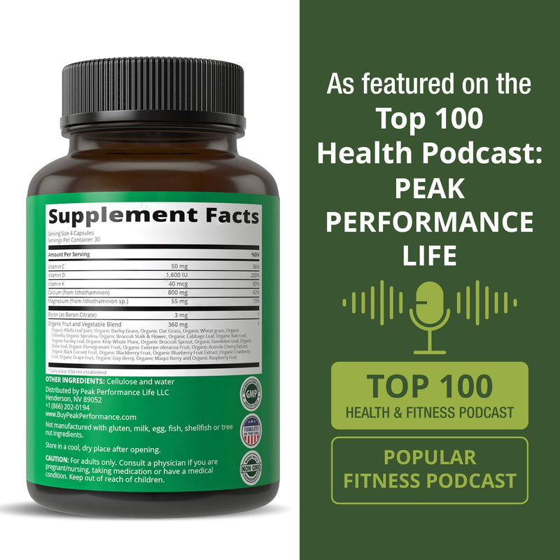 Peak Performance Plant Based Calcium. Red Marine Algae Calcium Supplement | With Vitamin C, D3, K, Magnesium, and a Whole Food Vegetable Blend. Vegan Capsules for Bones and Joints. 120 Pills