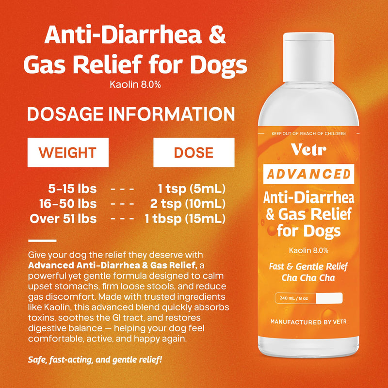 Vetr Anti-Diarrhea & Gas Relief for Dogs - Kaolin Liquid Formula for Fast Upset Stomach Soothing & Digestive Support - All Breeds & Sizes - 8 oz (240mL) - Vet-Formulated in USA
