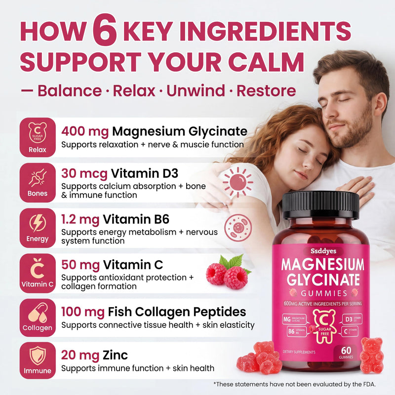 Magnesium Glycinate Gummies 400mg Sugar Free - High Absorption Magnesium Supplement with Vitamin D & B6 for Stress Relief, Calm Sleep & Leg Cramps Support - Vegan Chewable for Women and Men