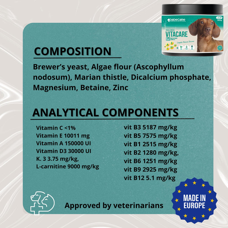 Vitacare Dog and Cat Multivitamin Supplement Powder 300g - Natural Vitamins with Kelp, Brewers Yeast and Milk Thistle - Daily Immune Support for Healthy Coat and Strong Bones