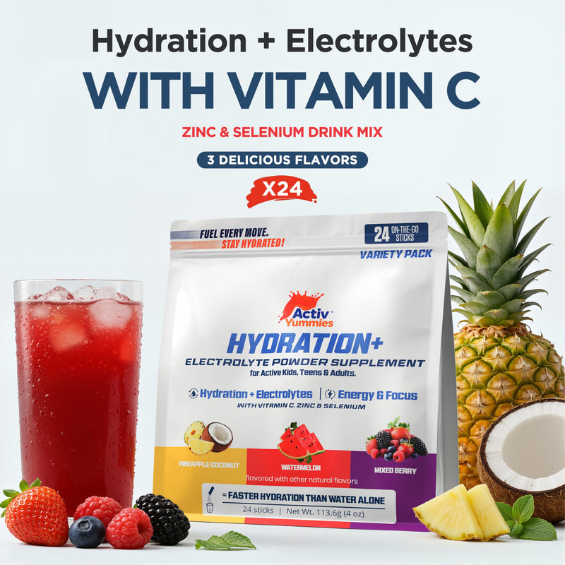 Hydration+ Electrolyte Drink Mix Variety, 24 Stickpacks, with Vitamin C, Zinc & Selenium, Antioxidant, Energy, Muscle Recovery & Focus Support, Keto, Gluten Free, Vegan, Non-GMO
