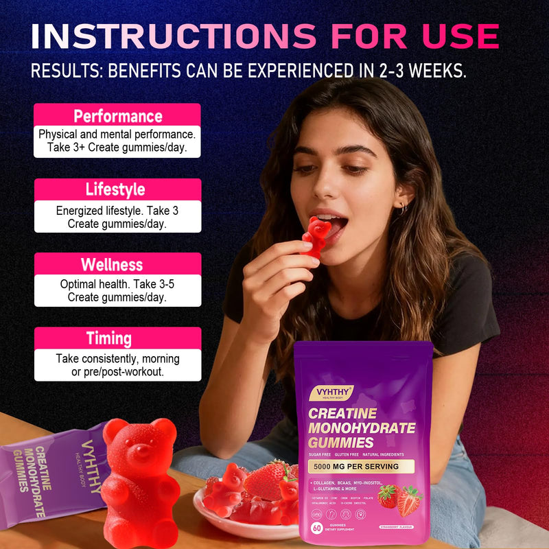 Creatine Monohydrate Gummies – with Collagen, BCAAs, L-Glutamine, Biotin, Zinc, Vitamin D3 & Hyaluronic Acid – Daily Pre & Post Workout Recovery, Sugar-Free (60 Gummies) 60 Count (Pack of 1)