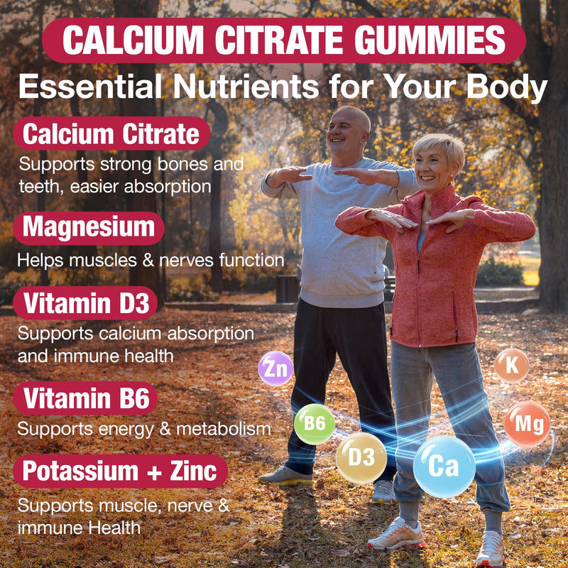 2 Pack Calcium Citrate Gummies 1200mg, Calcium Supplements for Women & Men, Calcium Gummies with Vitamin D3, K2, Magnesium, Zinc, Potassium, Muscle & Immune Support, Strawberry Flavor, 120 Count 2pack