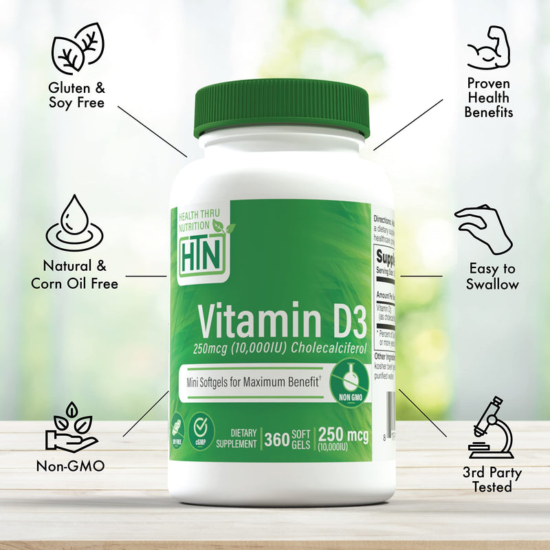 Health Thru Nutrition Vitamin D3 10,000iu - 250 mcg 360 Mini Softgels 360 Count (Pack of 1) 10,000IU Softgels