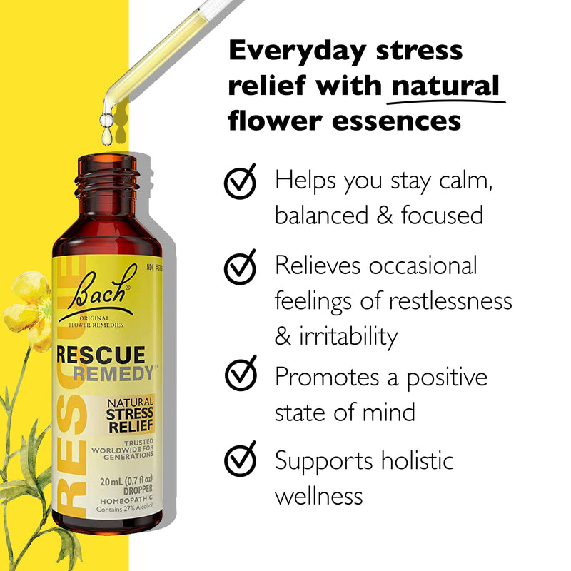 Bach RESCUE Remedy Dropper, Natural Stress Relief, Homeopathic Flower Essence, Vegan, Gluten & Sugar-Free, Non-Habit Forming, 2 Pack, 20mL Ea
