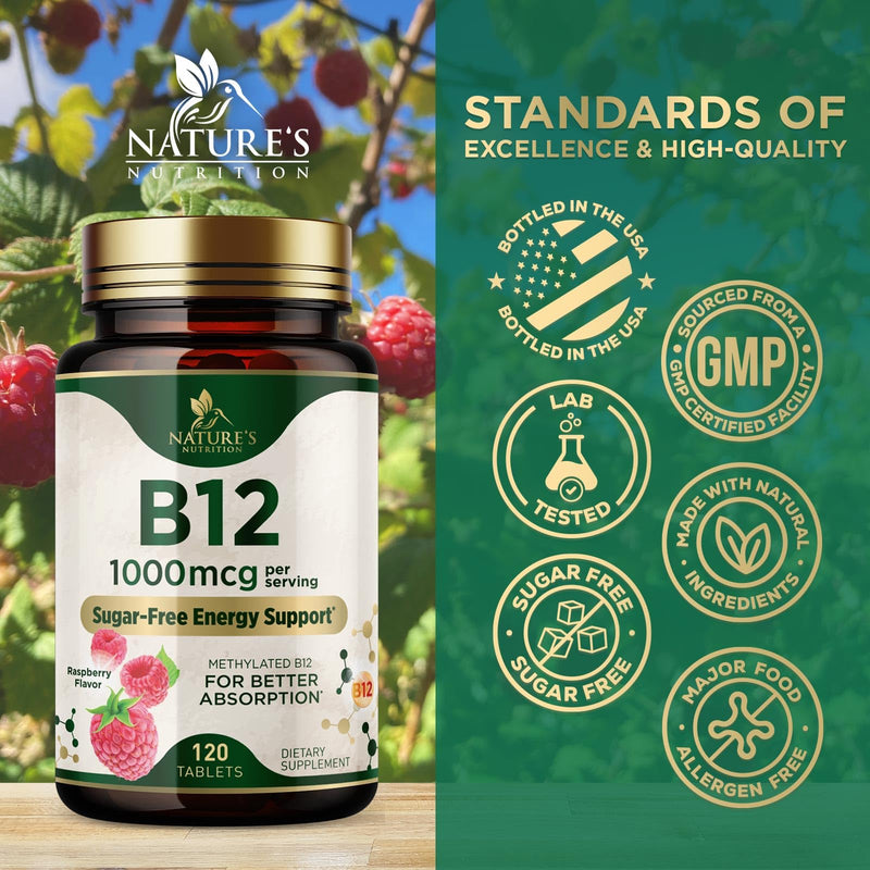 Vitamin B12 - 1000 mcg Per Serving Maximum Strength Methylcobalamin B-12 Chewable Tablet - Energy, Nervous System & Brain Support - Fast Dissolve, Gluten-Free, Non-GMO for Women & Men - 120 Tablets 120 Count (Pack of 1)