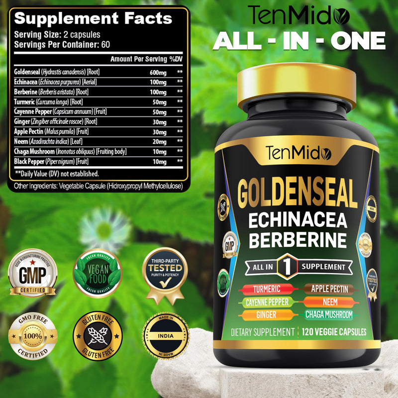 Goldenseal Root Supplement - 10in1 Formula - Combine with Echinacea, Berberine, Turmeric, Cayenne Pepper, Ginger, Apple Pectin, Neem, & More - Digestive Health Support - 120 Capsules