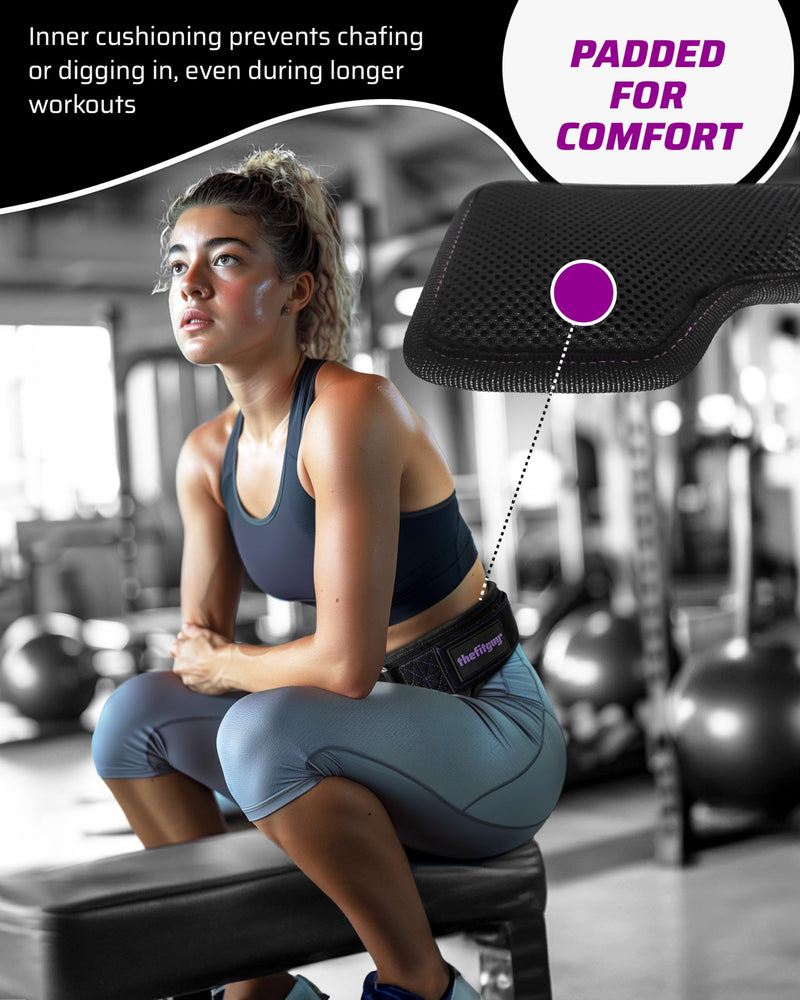 Women’s Weighted Dip Belt – For Pull-Ups, Dips & Squats | Hip-Hugging No-Pinch Fit, No-Slip Buckle | Sleek Black with Purple Stitching, 2 Straps & 2 Hooks Included