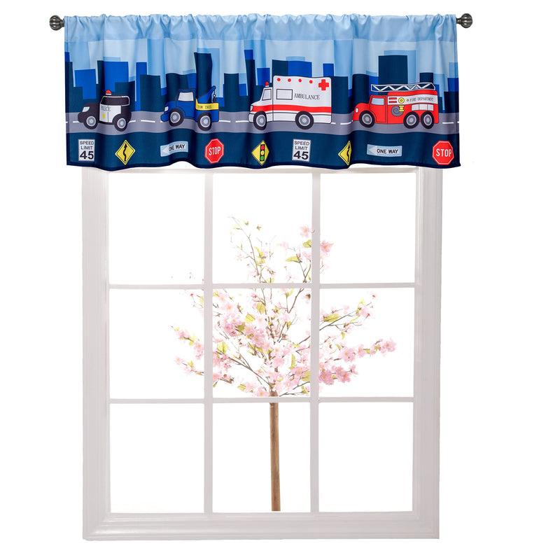 EVERYDAY KIDS First Responder Hero Themed 60x15” Window Valance for Toddler, Baby and Young Boys Bedrooms Window Décor Treatment with Firetruck, Tow Truck, Police Car and Ambulance Little Rescuer - BeesActive Australia