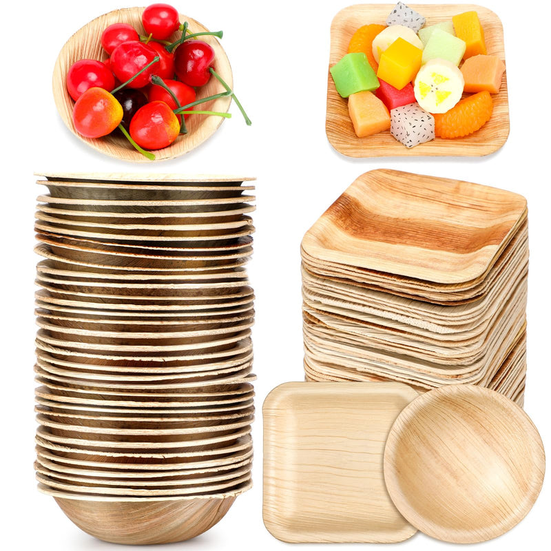 50 Pcs Palm Leaf Disposable Plates Bowls Set for Bunny 4", Sturdy Bamboo Party Bowls Decorative Compostable Tableware for Birthday Outdoor BBQ Picnic Wedding - BeesActive Australia