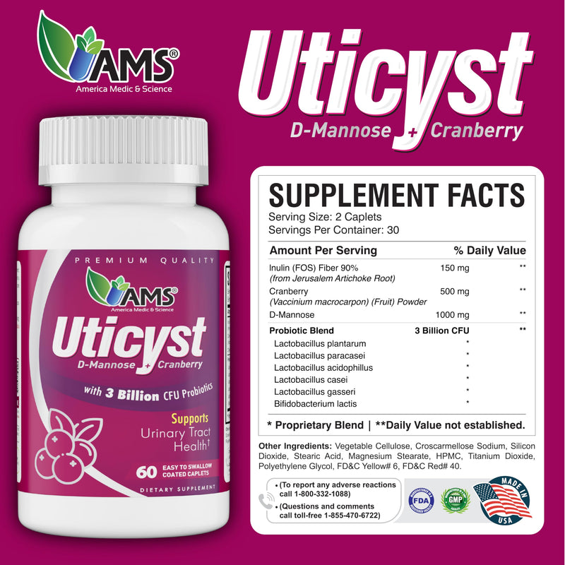America Medic & Science UtiCyst 60ct – Probiotic & Cranberry Formula for Urinary Tract & Bladder Health – Supports Immune Balance – Daily Wellness Supplement for Women- 60 caplets