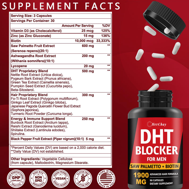 DHT Blocker for Men with Saw Palmetto & Biotin 10000mcg, 180 Capsules | Hair Growth 1900mg DHT blocker formula with 20-in-1 herbal blend with 600mg Saw Palmetto, & Ashwagandha, Zinc & Vitamin D 90 Count (Pack of 2)