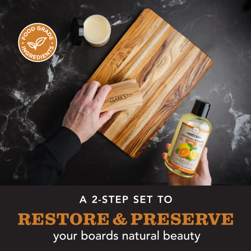 CLARK'S Cutting Board Oil And Wax Kit - All Natural Food Grade Mineral Oil - 2-Step Set To Restore And Preserve Your Boards Natural Beauty - Easy To Apply - 100% Natural Food Grade Ingredients Orange-Lemon (NEW) - BeesActive Australia