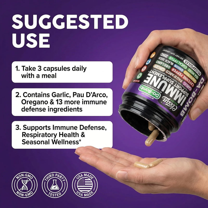 Organic Immune Support with PAU D'Arco Garlic Cayenne Pepper Oregano Ginger Grapefruit Onion Black Seed Sea Moss Black Pepper Zinc Eucalyptus Vitamin C Vitamin D Organic Soursop By Clean Nutra 1