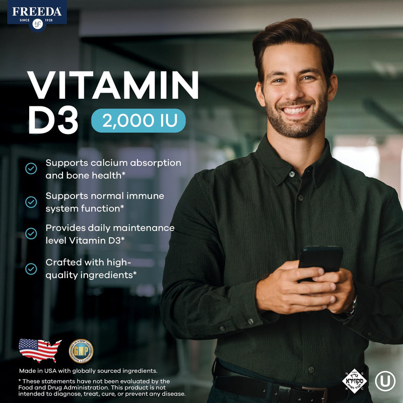 FREEDA Pure Vitamin D3 2000 IU Supplement – 250 Tiny Tablets | Moderate Strength Vitamin D3 Supplement - 50 mcg (2,000 IU) Supporting Bone, Joint, Muscle, and Immune Health for Women & Men 250 Count (Pack of 1)
